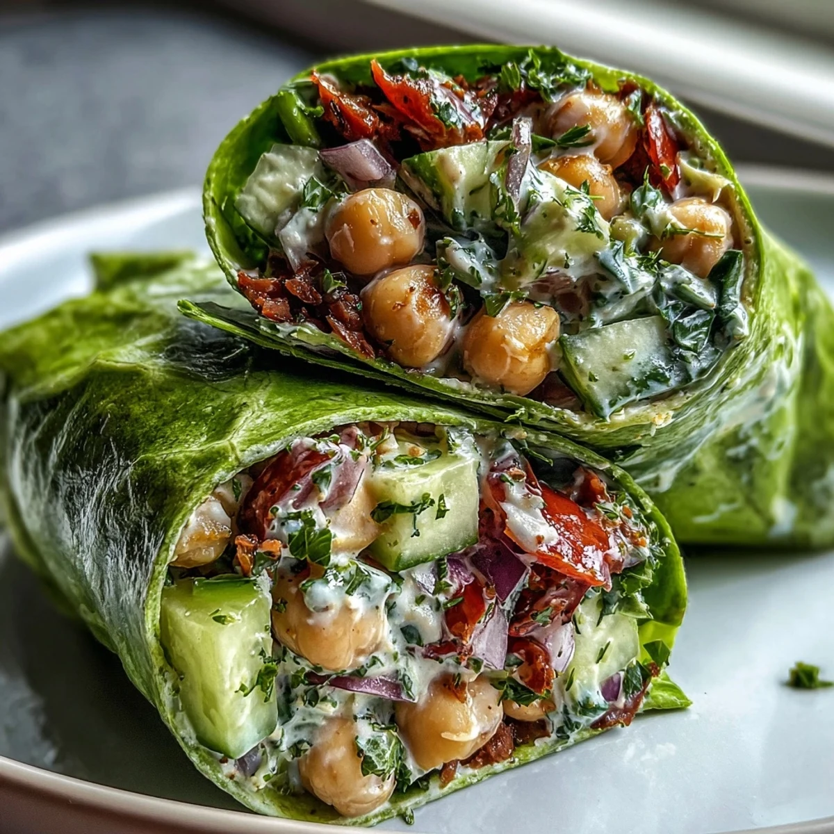 Spring Clean Avocado Chickpea Salad Wraps are served in crunchy lettuce shells, filled with diced avocado, chickpeas, and cherry tomatoes.