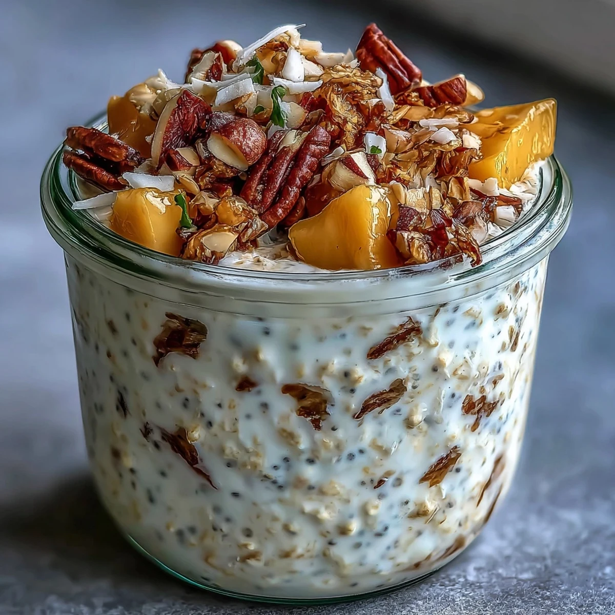 A glass jar reveals creamy layers of Mango Chia Overnight Oats, finished with golden toasted coconut and chopped almonds.
