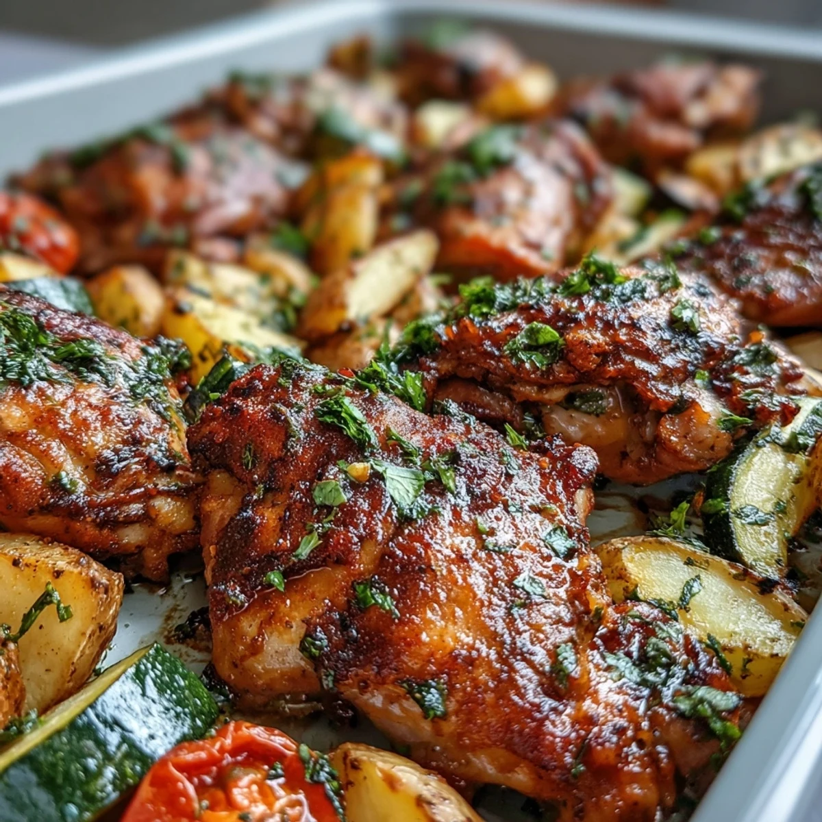 Sheet Pan Mediterranean Chicken with Zucchini and Lemon-Herb Potatoes roasted golden on a tray. 