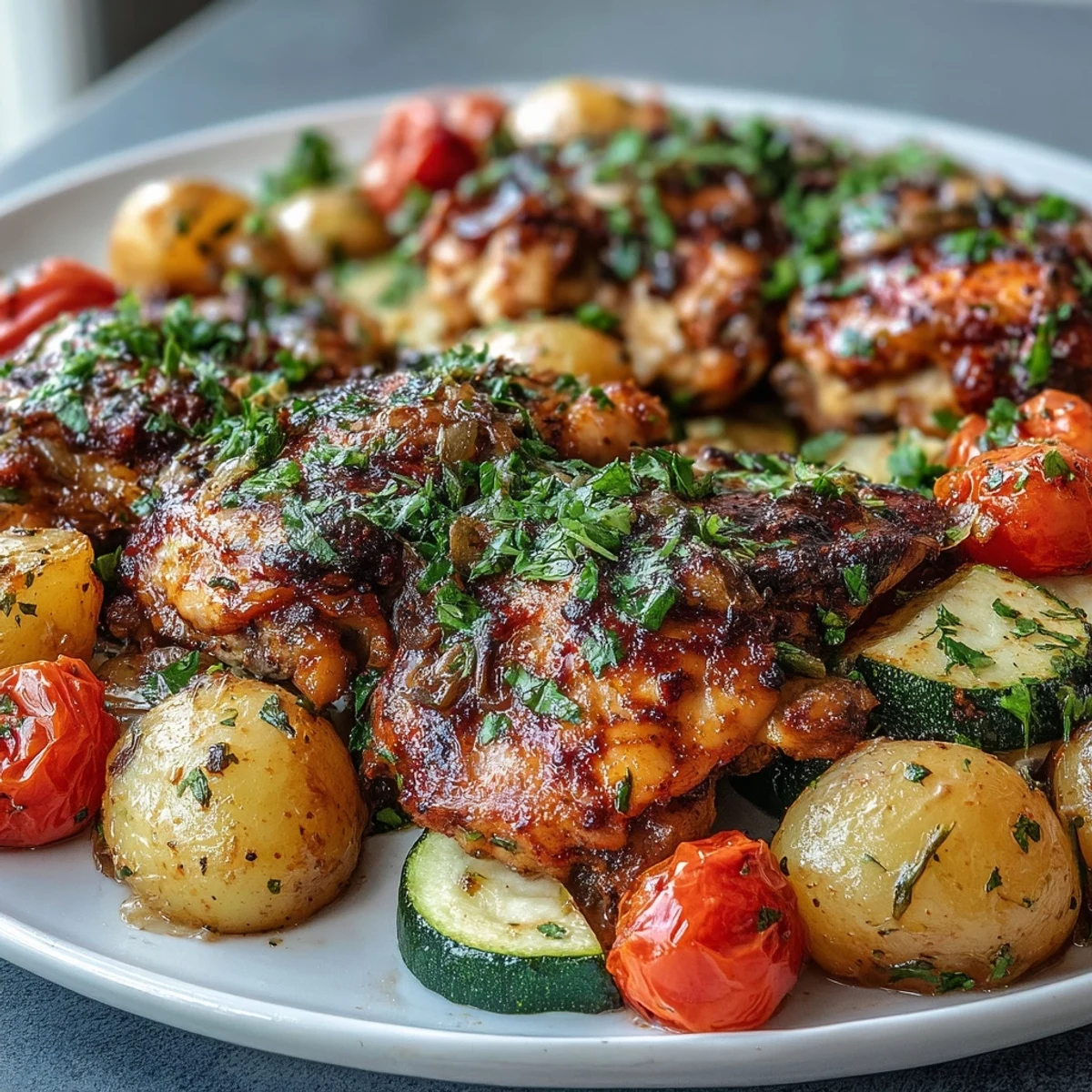 Sizzling Sheet Pan Mediterranean Chicken with Zucchini and Lemon-Herb Potatoes served with a glass of white wine.