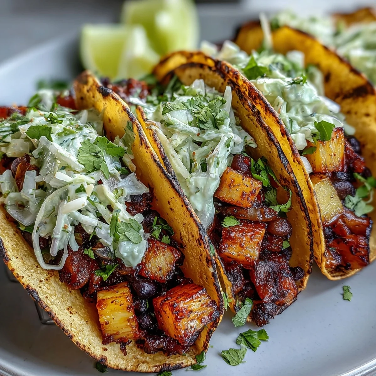 Tropic-Like-Its-Hot Pineapple Black Bean Tacos with jalapeño slices and lime wedges for a zesty finish.