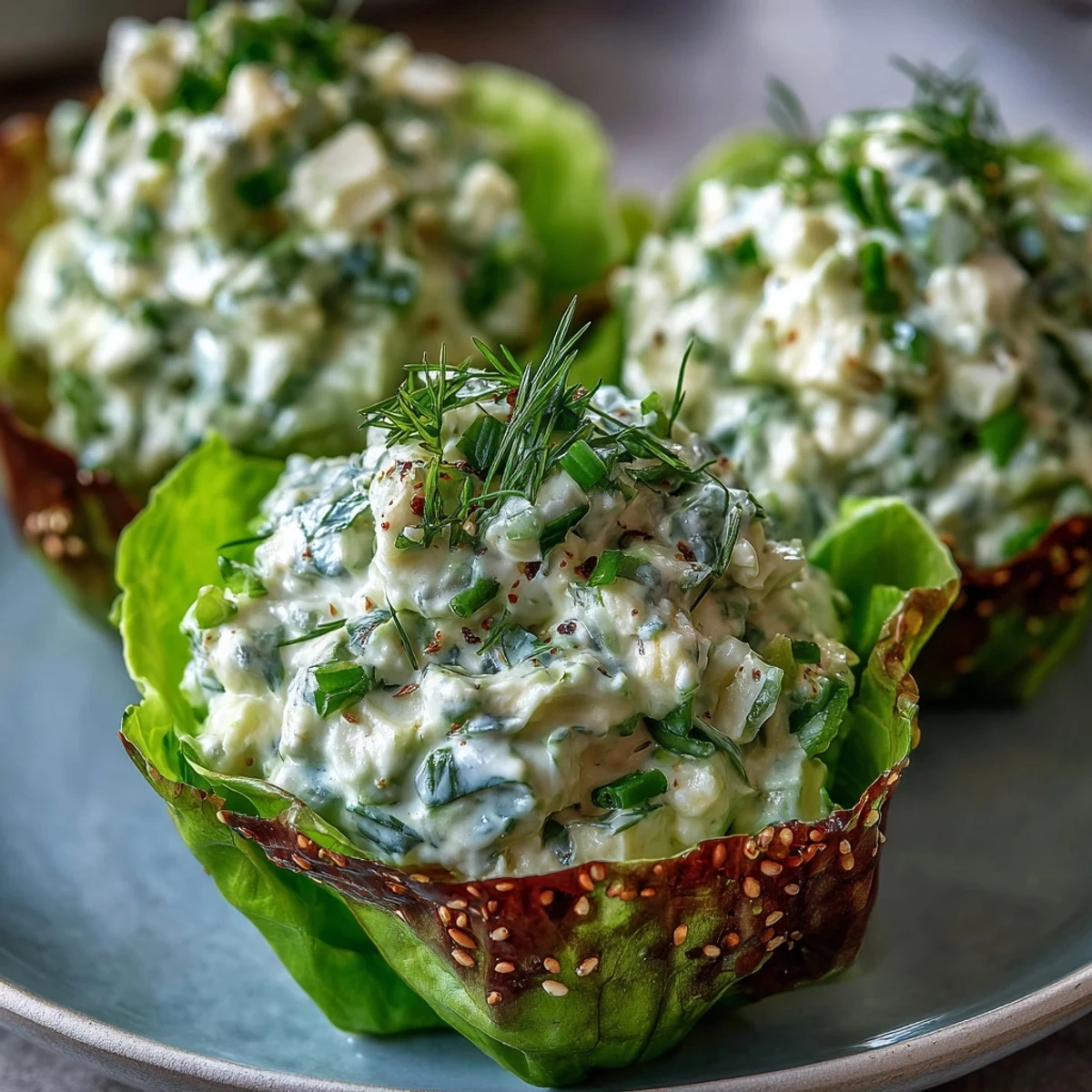 Creamy avocado egg salad in crisp butter lettuce boats, topped with everything bagel seasoning for a fresh keto bite.