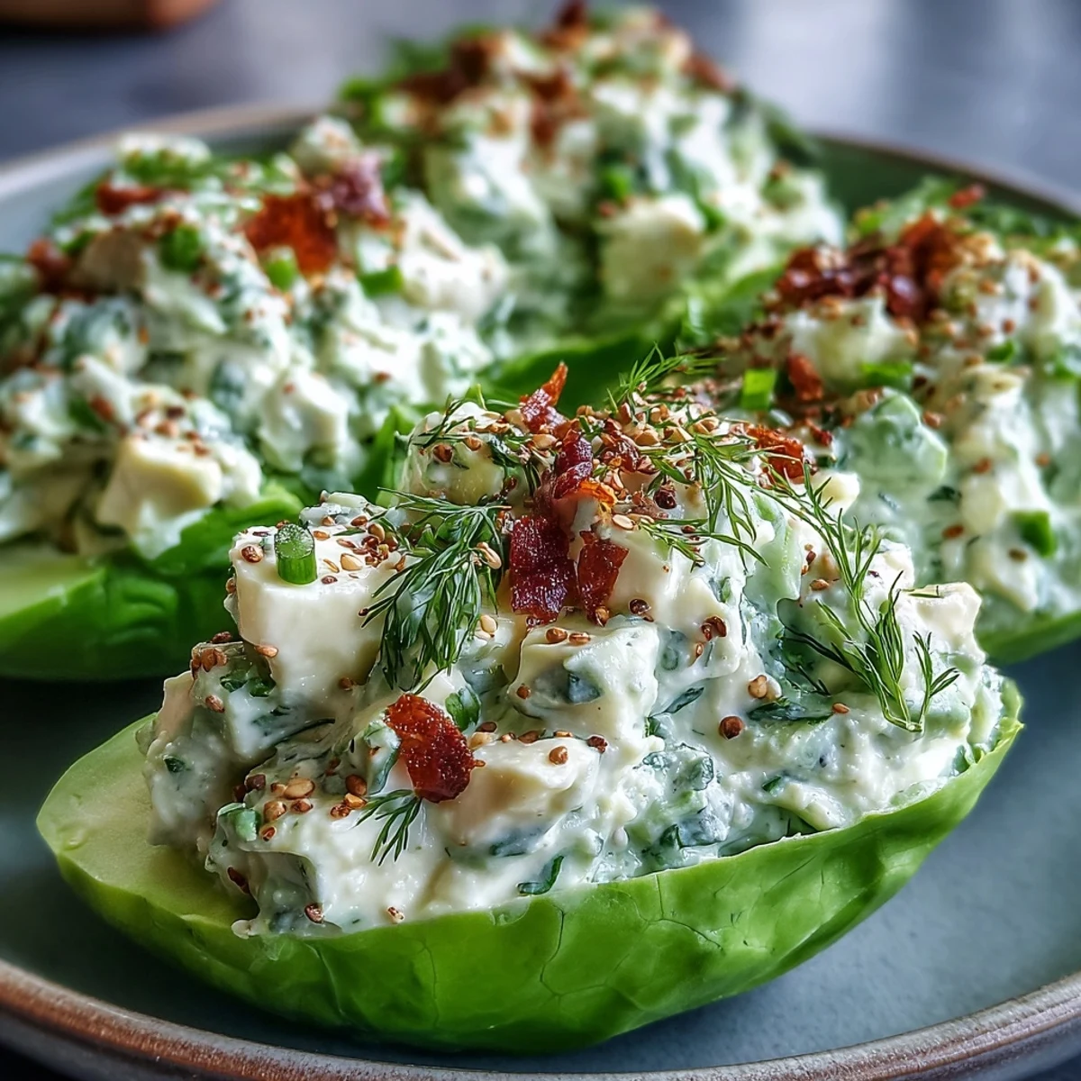 Low-carb keto avocado egg salad lettuce boats topped with crunchy everything bagel seasoning, perfect for quick lunch or snack.