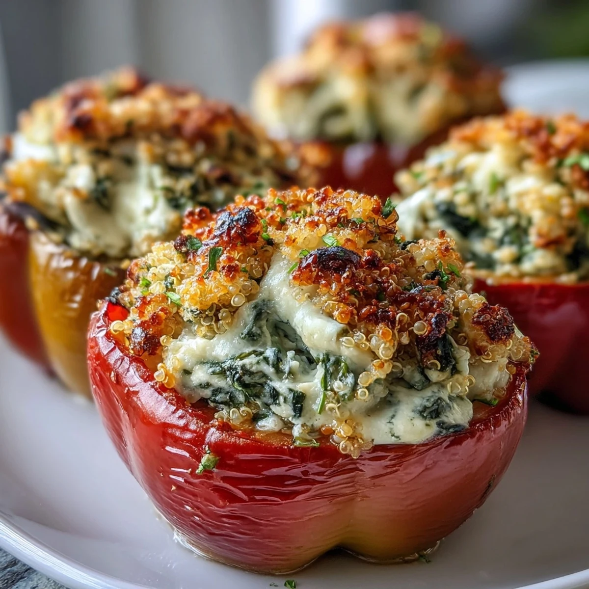 Vibrant baked Vegan Spinach and Artichoke Stuffed Peppers with golden breadcrumbs, served on a rustic plate.