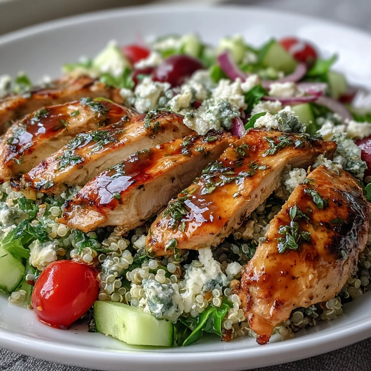A freshly tossed Lemon Herb Grilled Chicken Salad with Quinoa drizzled with lemony dressing, served with extra lemon wedges on the side.