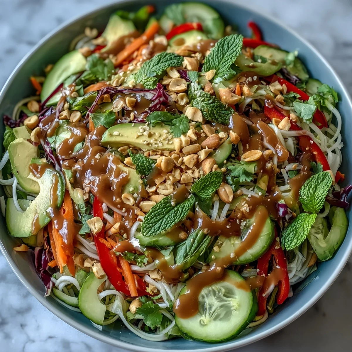 Freshly chopped Vegan Spring Roll Salad with Peanut Dressing features crunchy cabbage, carrots, and cucumber in a bright bowl. 