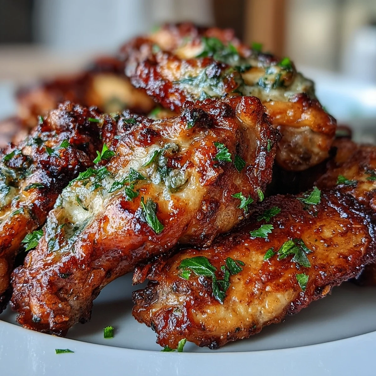 Heaping plate of golden baked wings, topped with grated Parmesan and red pepper flakes, ideal for a keto appetizer.