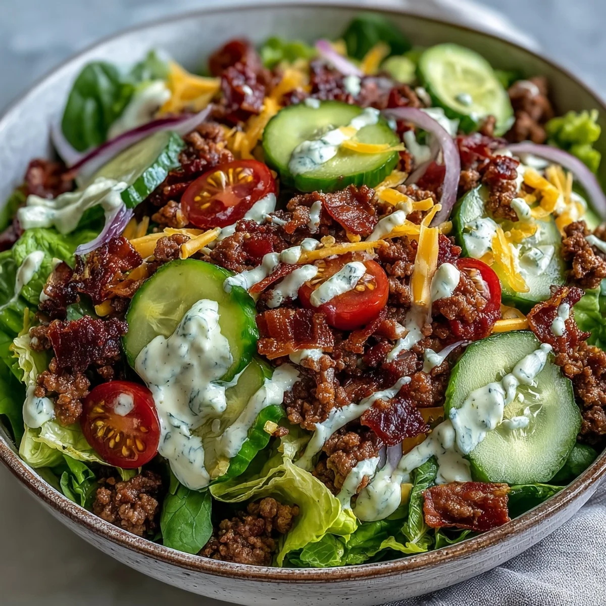 Overhead view of Keto Bacon Cheeseburger Salad with ground beef, bacon, cheddar, tomatoes, and red onion on crisp lettuce.
