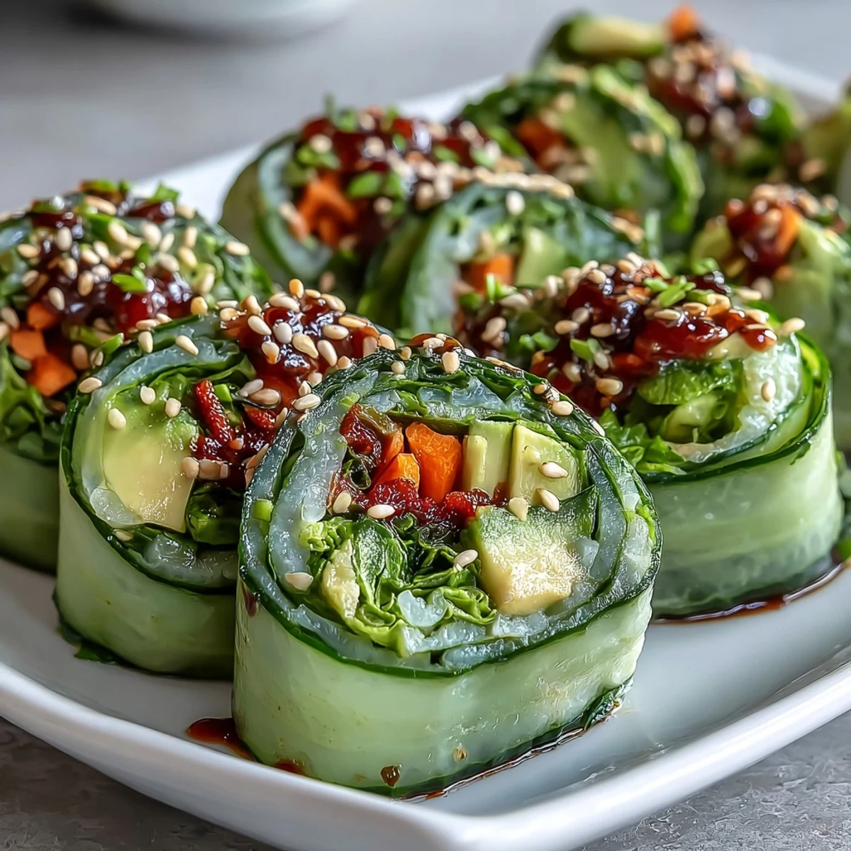 A hand dipping a Light Cucumber Avocado Rolls with Sesame into a savory sauce, with a bamboo mat in the background.