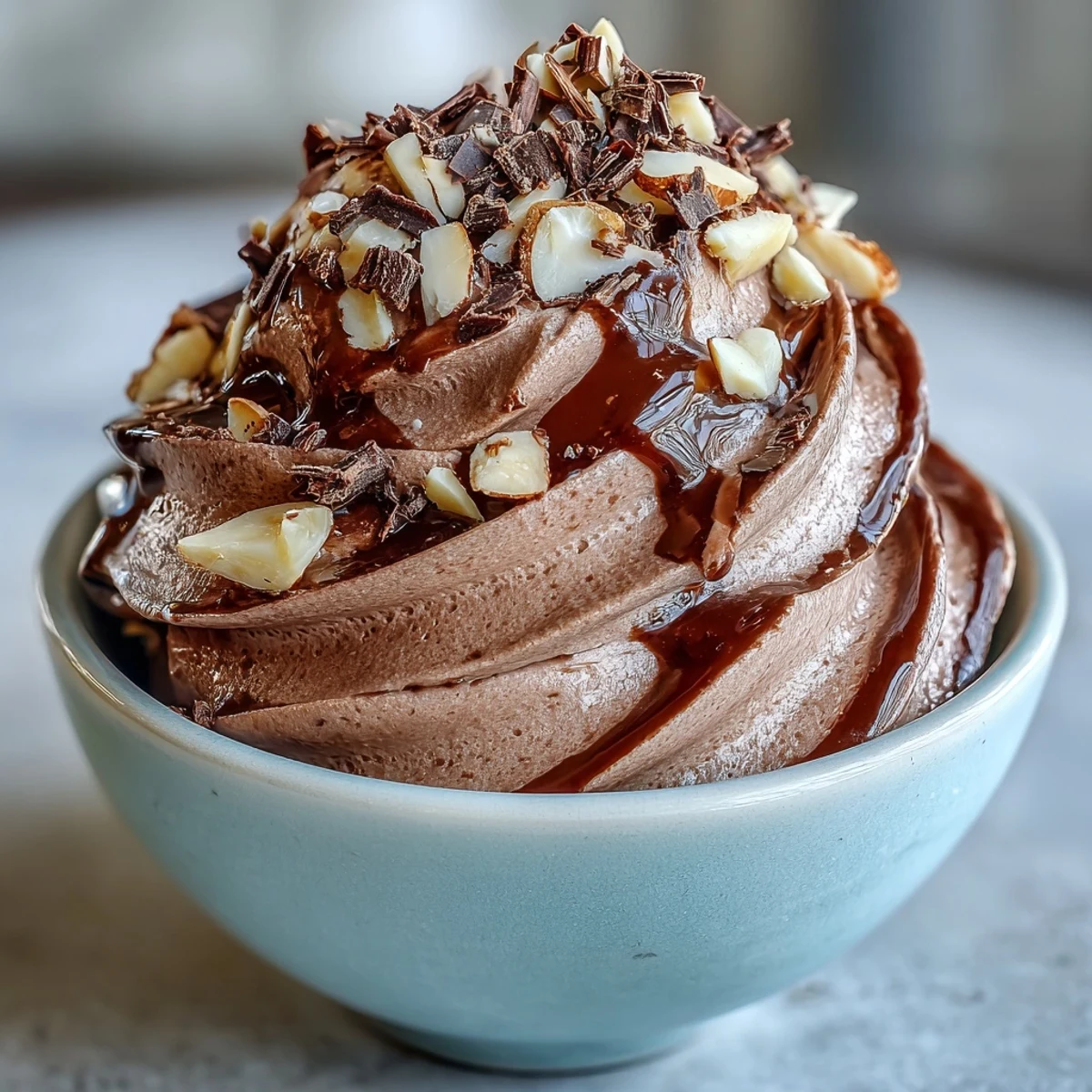 Creamy Vegan Chocolate Banana Nice Cream topped with almond butter drizzle and sliced bananas served in a white bowl.