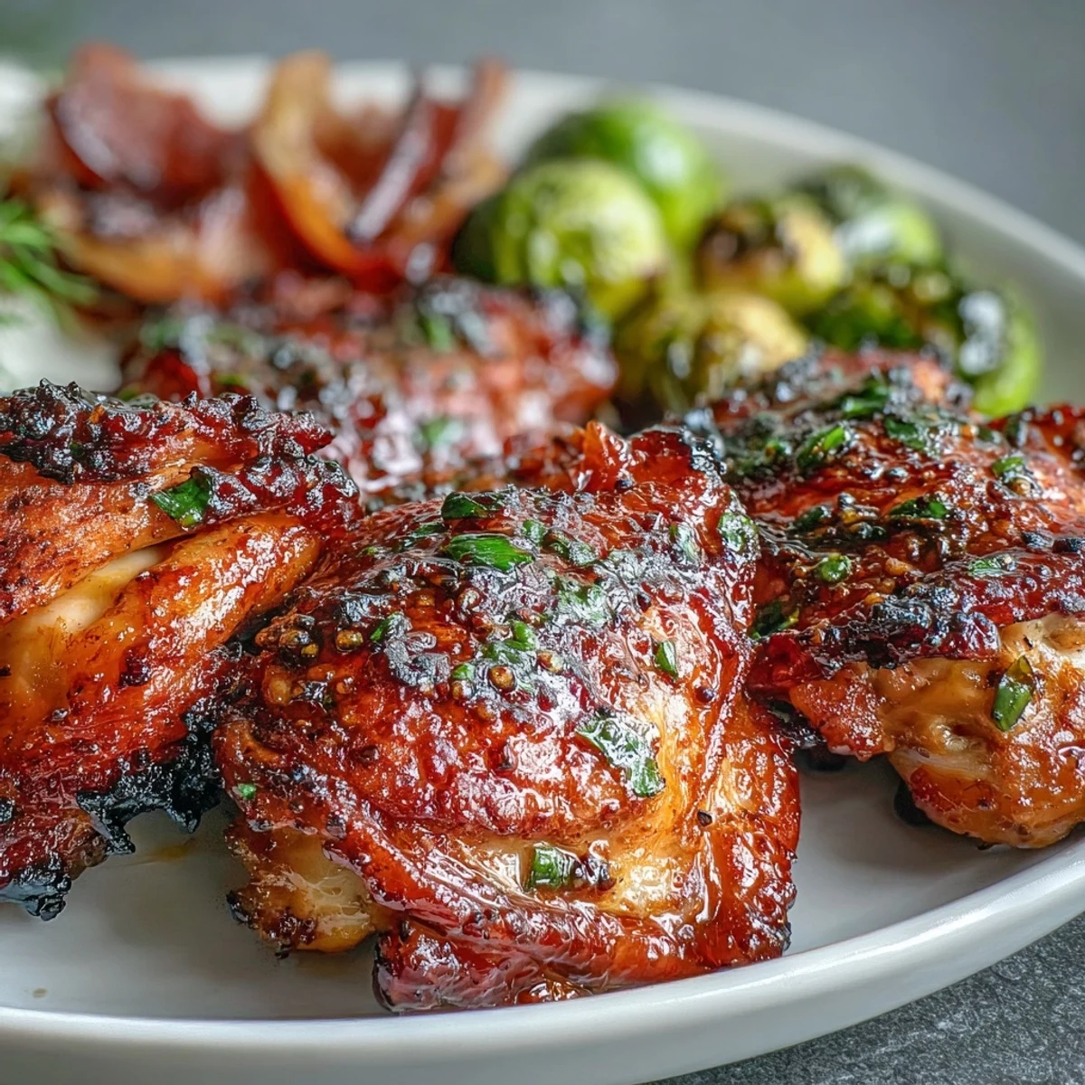 Easy Sheet Pan Honey Mustard Chicken with Brussels Sprouts served with fresh parsley garnish.
