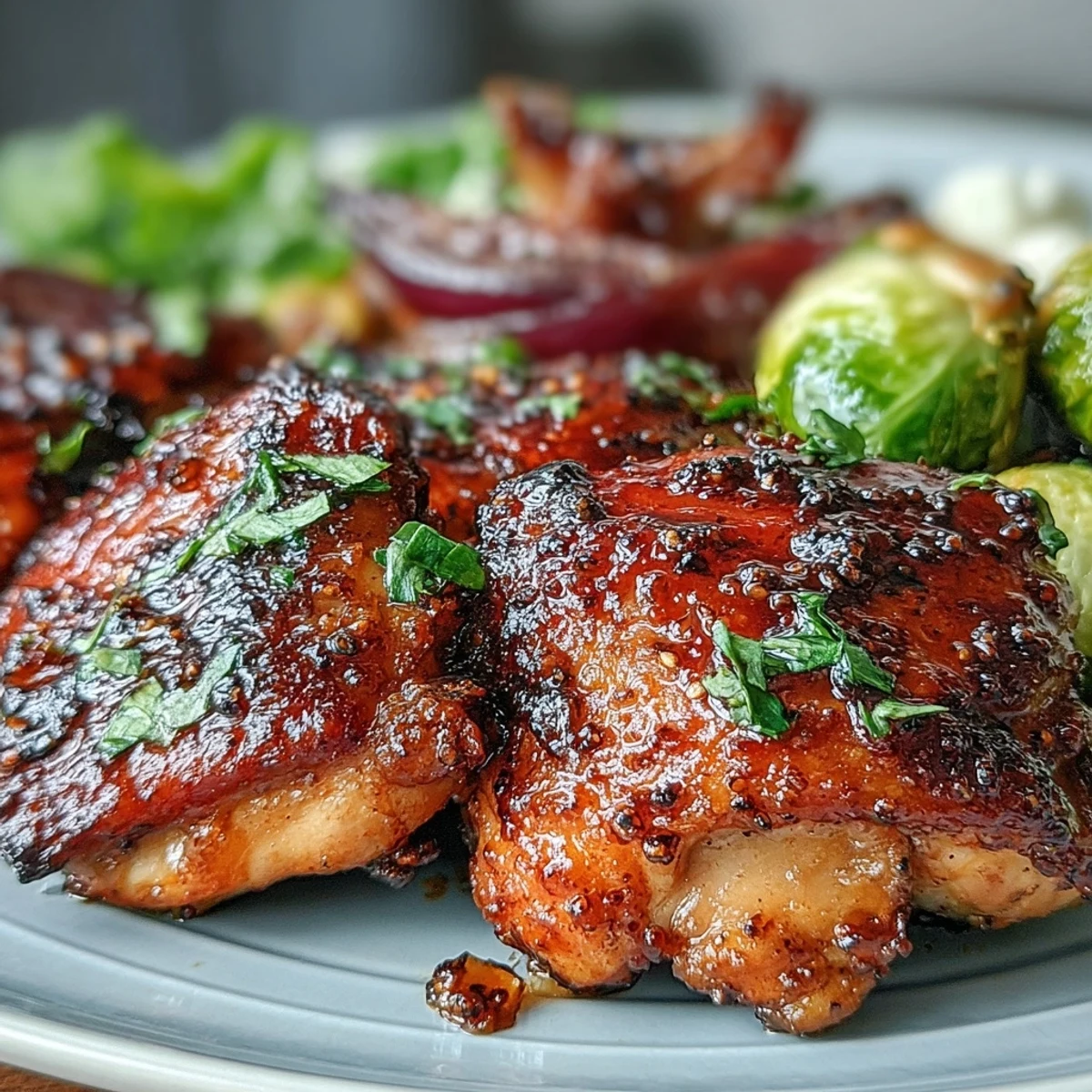 Sticky honey mustard glaze coats juicy chicken thighs alongside charred Brussels sprouts on a pan.