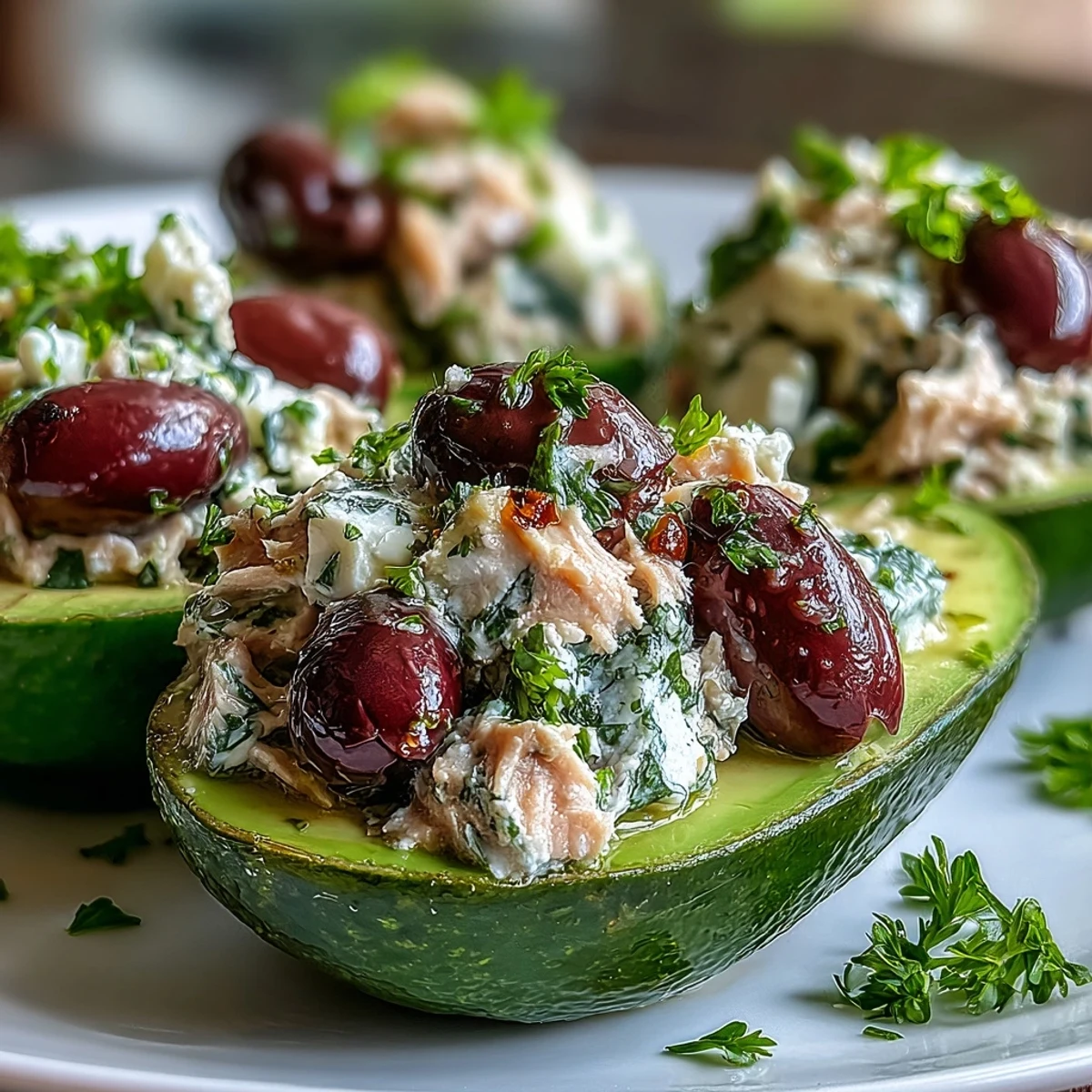 Creamy avocado halves filled with zesty Mediterranean tuna salad, topped with feta and fresh herbs for a colorful, satisfying dish.  