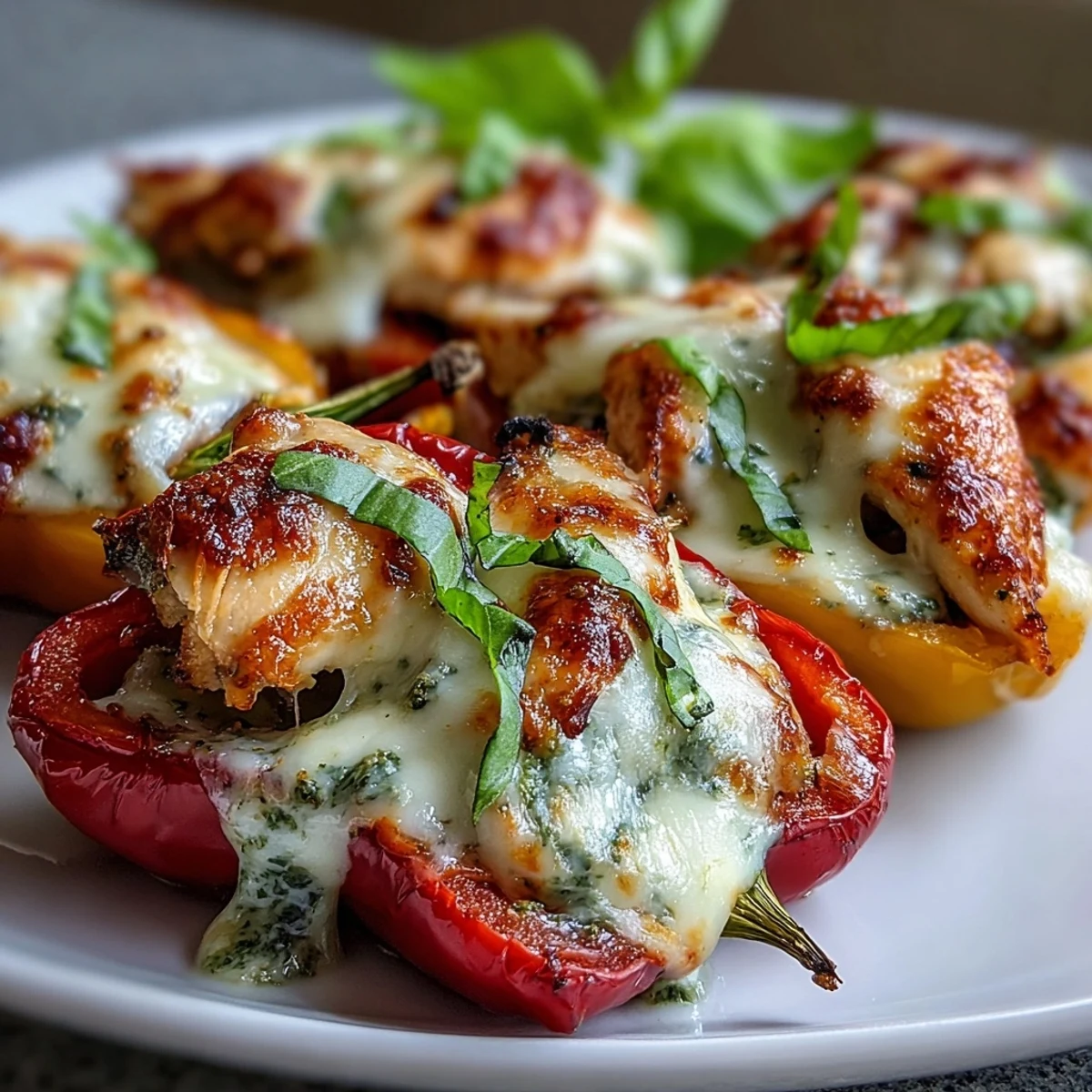 Mini sweet peppers filled with juicy pesto chicken and cheese, perfect for parties or appetizers.  