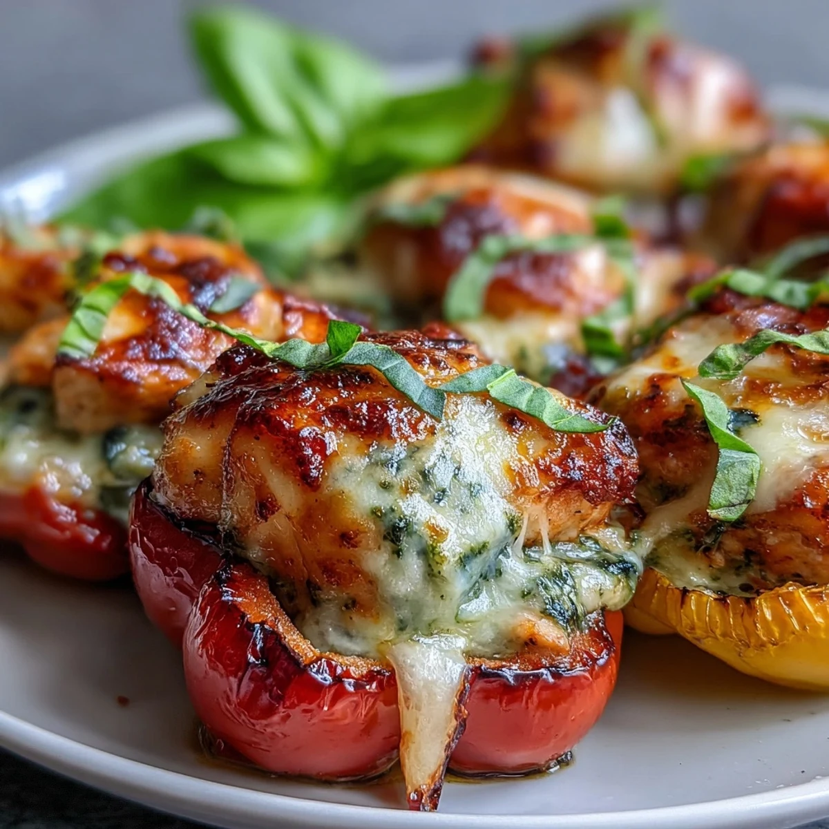 Baked pesto chicken stuffed sweet peppers topped with Parmesan, a flavorful gluten-free snack or light meal.