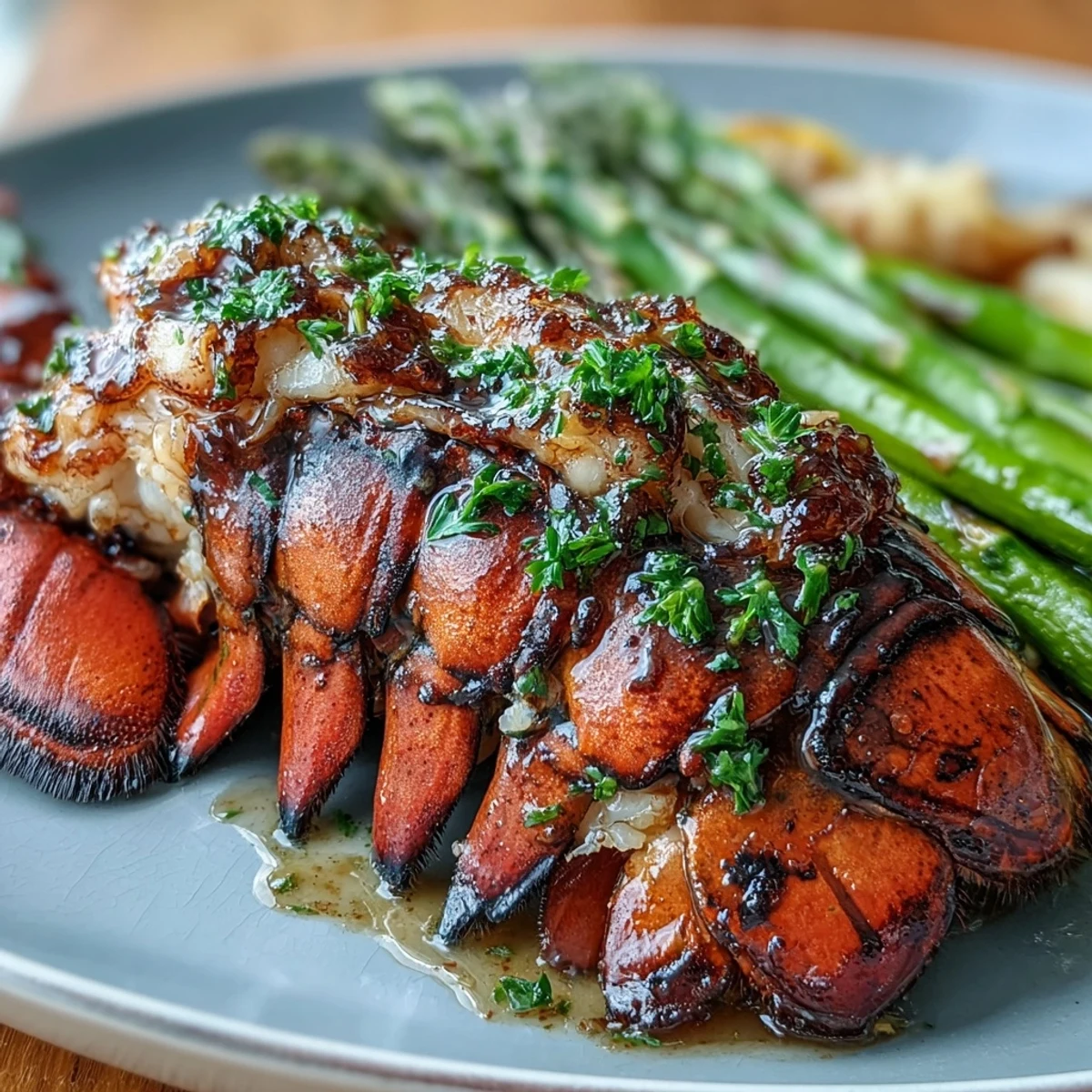 Succulent lobster tails drizzled with rich garlic butter sauce, served alongside crisp-tender asparagus for a luxurious keto dinner.