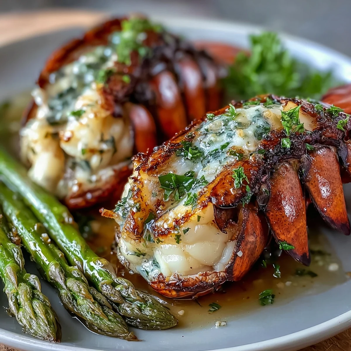 Golden roasted lobster meat topped with fragrant garlic butter, paired with fresh asparagus spears in a low-carb, gluten-free meal.