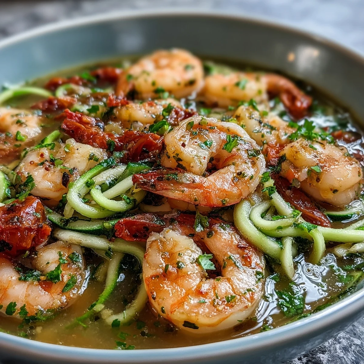 Quick and healthy 15-minute zucchini noodle shrimp bowl, featuring tender shrimp in zesty lemon-garlic broth.