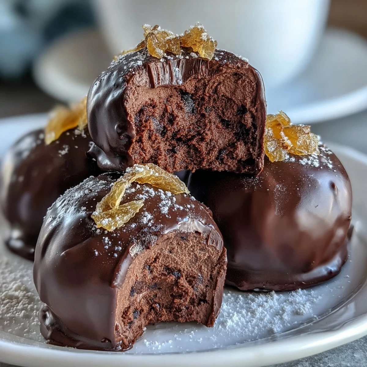 Decadent dark chocolate truffles with a sweet candied orange center, perfect for a homemade Valentine's Day treat.