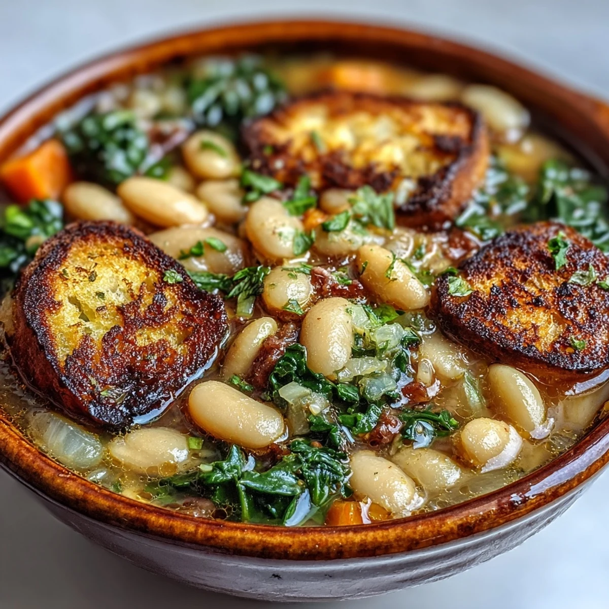 A steaming bowl of Tuscan ribollita white bean soup with hearty vegetables and crispy sourdough croutons.  
