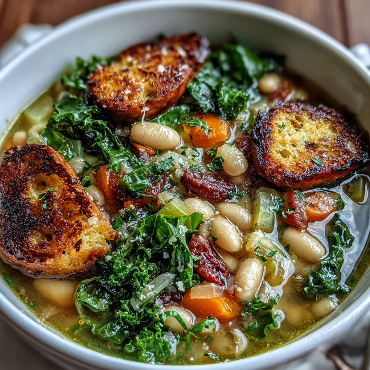 Hearty Tuscan ribollita featuring creamy white beans, seasonal vegetables, and crunchy sourdough croutons in a rich broth.