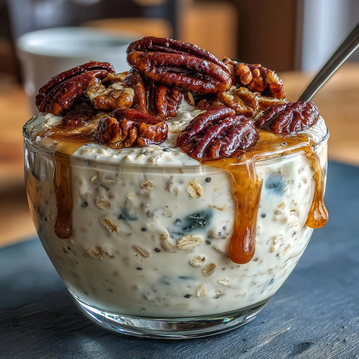 Velvety overnight oats layered with caramelized pecans and pure maple syrup, garnished with fresh berries.