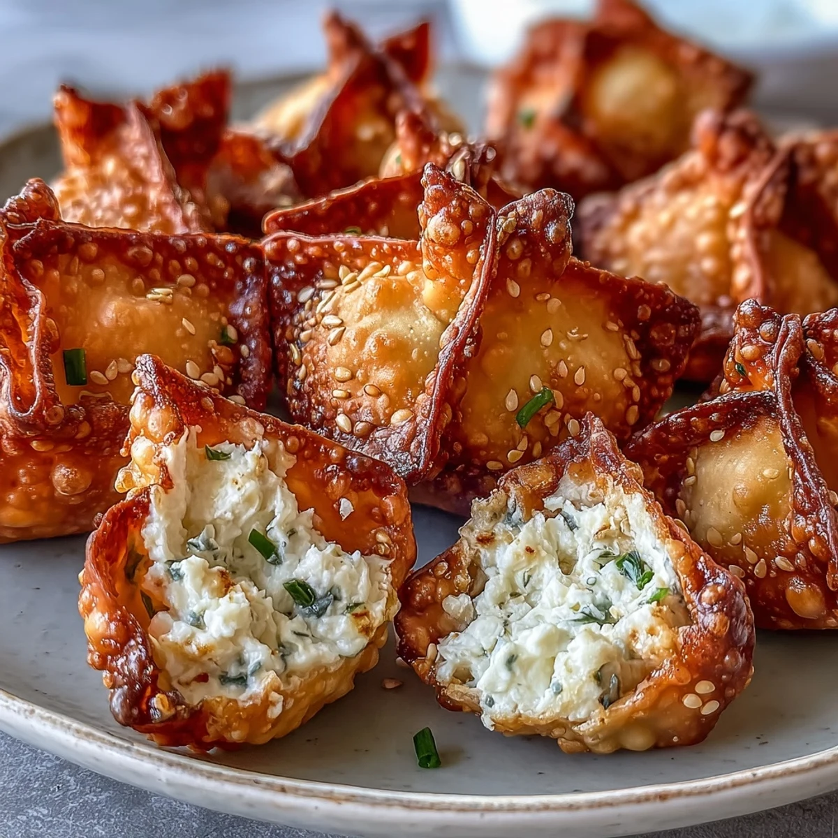 Air-fried Asian-style wontons bursting with savory cream cheese and spring onion, perfect for parties or snacking.  