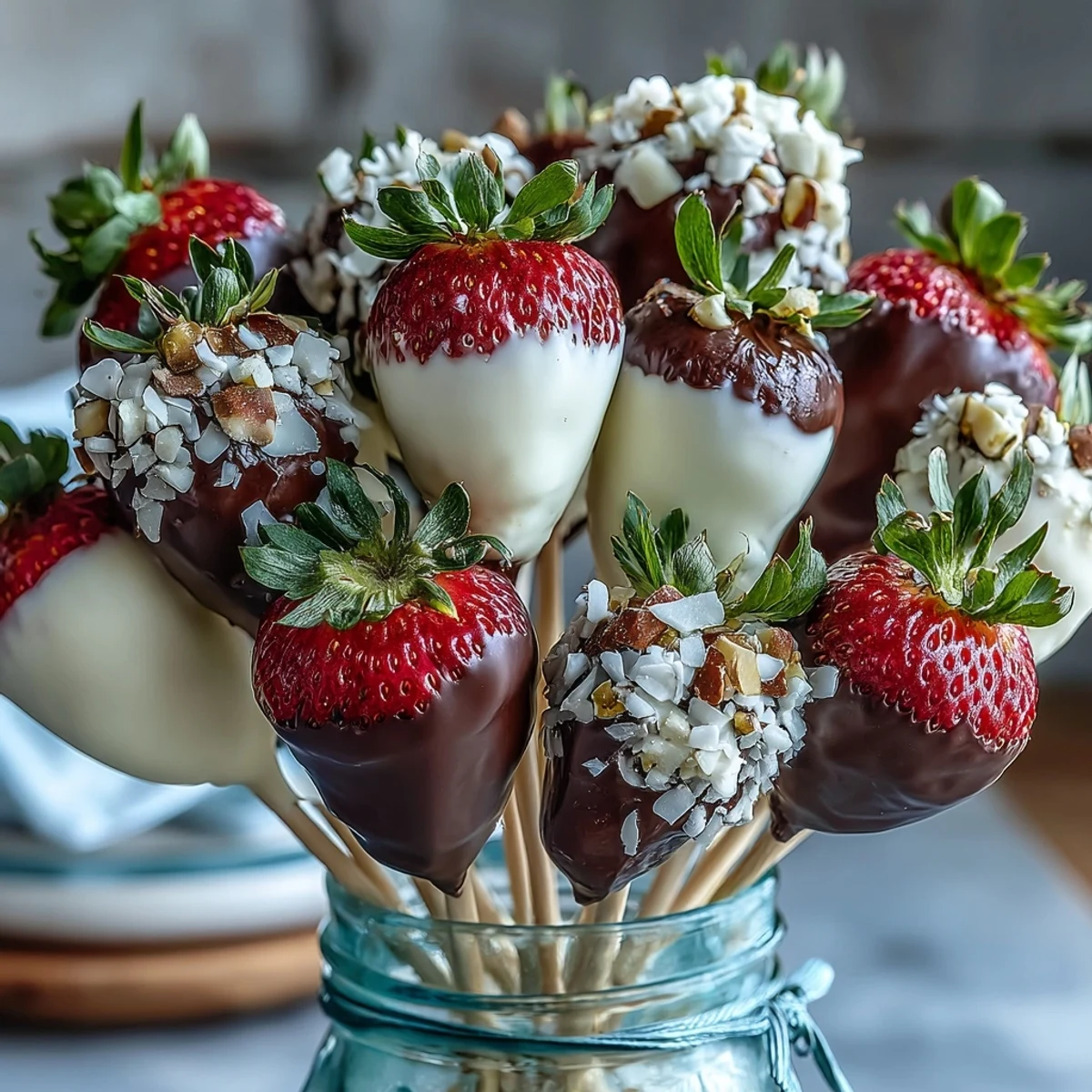 A romantic Valentine's Day strawberry bouquet with chocolate-dipped berries arranged in a vase for gifting.  