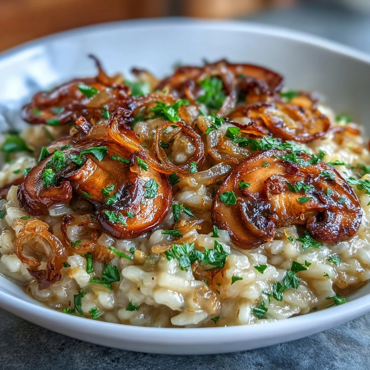 A close-up shot of the finished mushroom risotto garnished with fresh herbs and shaved parmesan cheese.