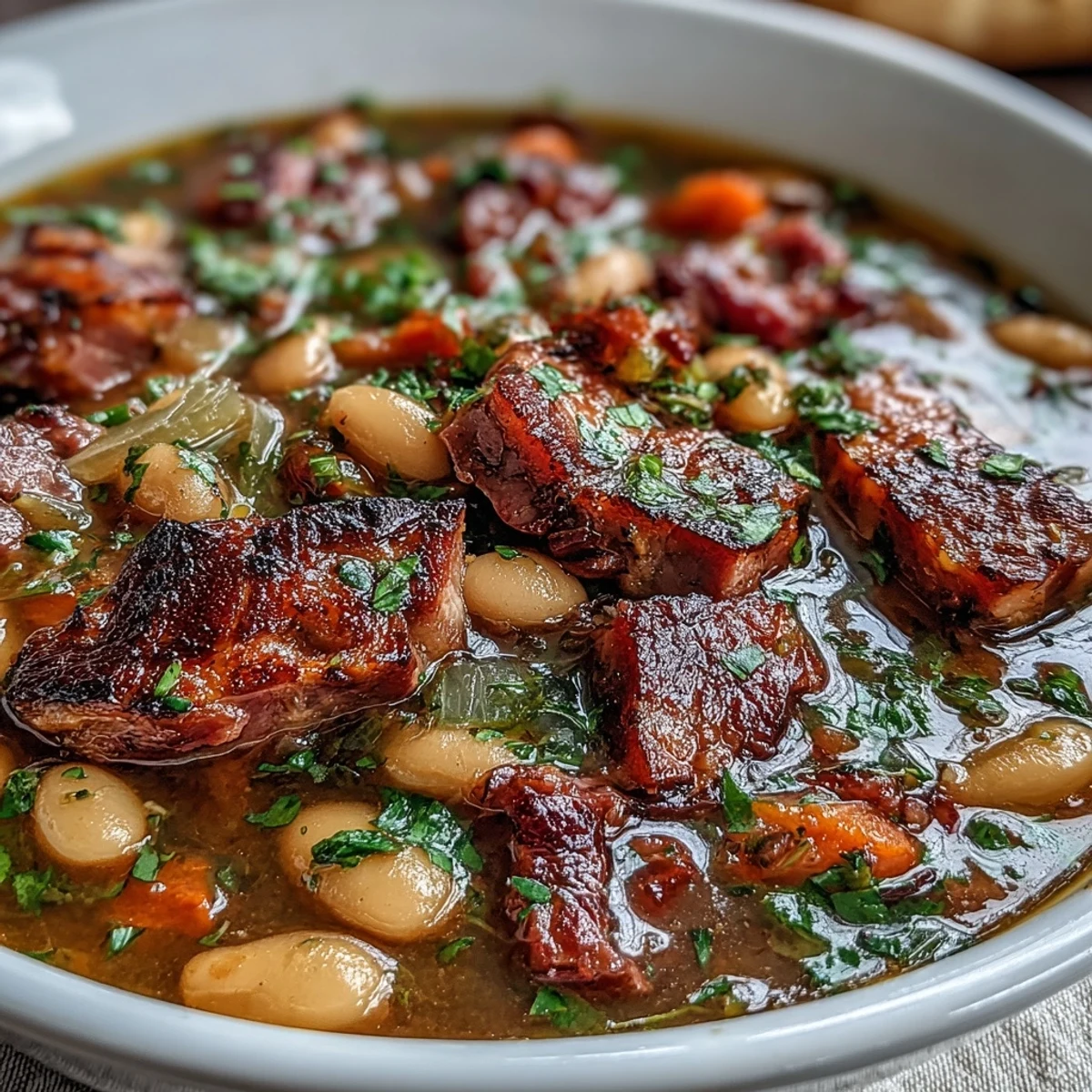 A comforting bowl of ham and cannellini bean stew with tender vegetables and savory broth.  