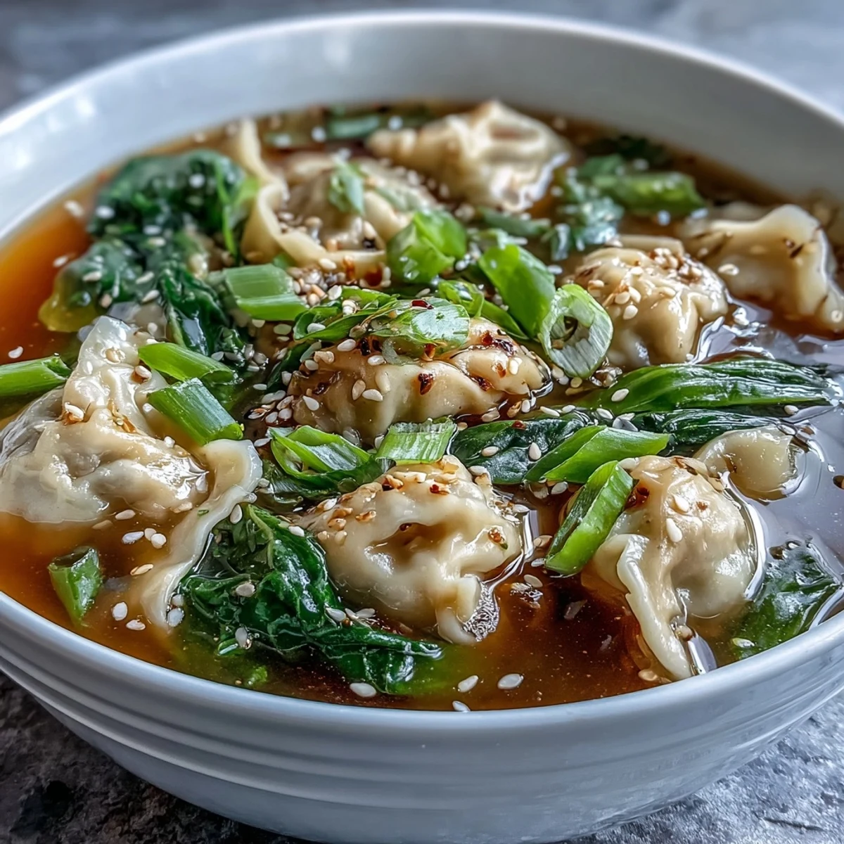 A steaming bowl of Asian dumpling soup with tender dumplings, crisp bok choy, and fragrant ginger in a savory broth—perfect for a cozy meal.