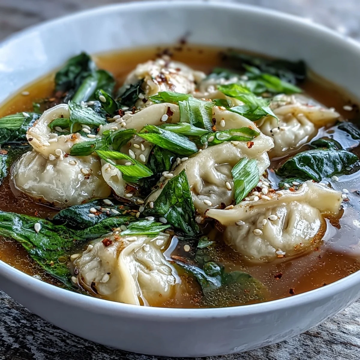 Hearty Asian dumpling soup featuring juicy dumplings, fresh bok choy, and aromatic ginger in a light, savory broth, ideal for chilly evenings.