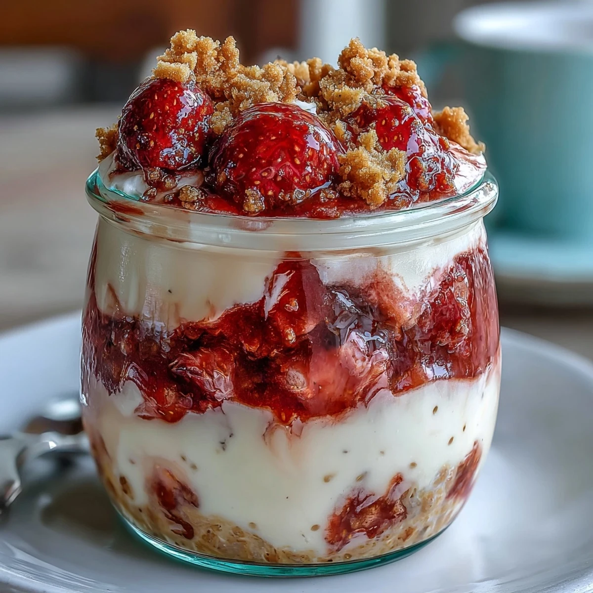 Creamy overnight oats with fresh strawberries and vanilla, layered like strawberry shortcake for a wholesome, easy breakfast treat.