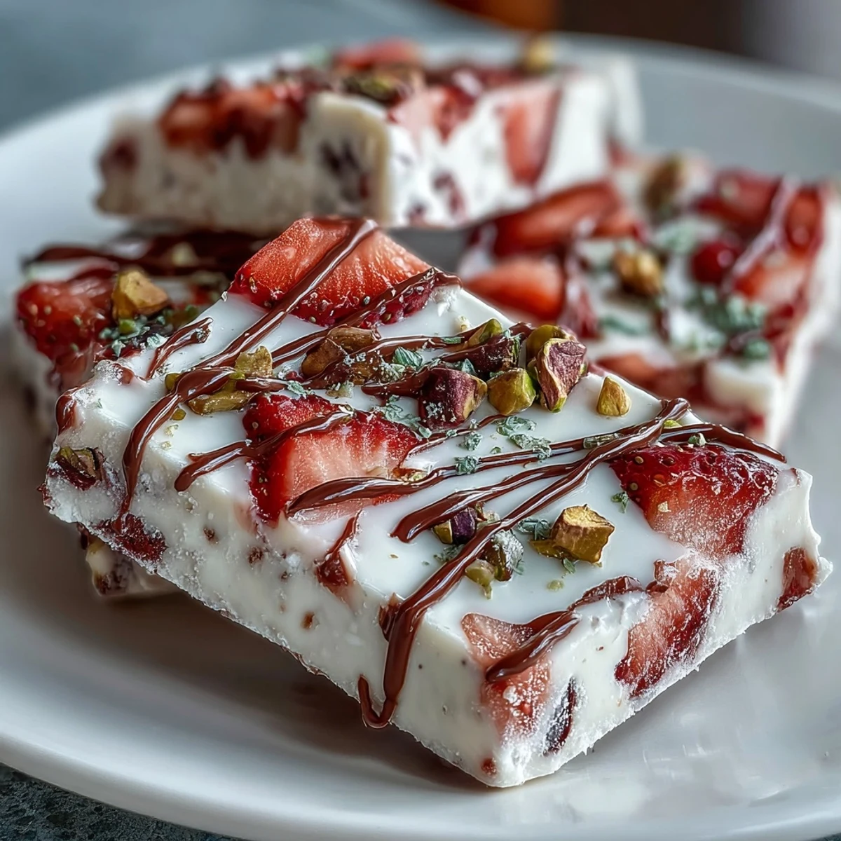 Festive Valentine strawberry yogurt bark with pistachios, creamy yogurt and juicy berries topped with crunchy nuts.