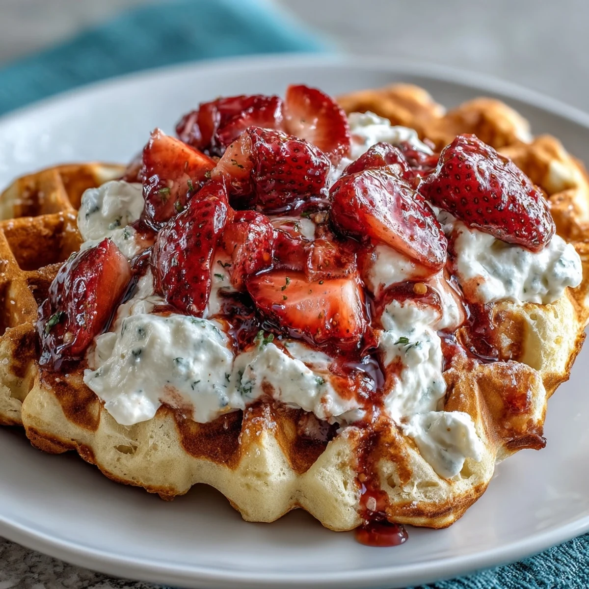 Fluffy heart-shaped waffles served with a light cottage cheese whip and juicy macerated strawberries, ideal for a protein-packed morning treat.