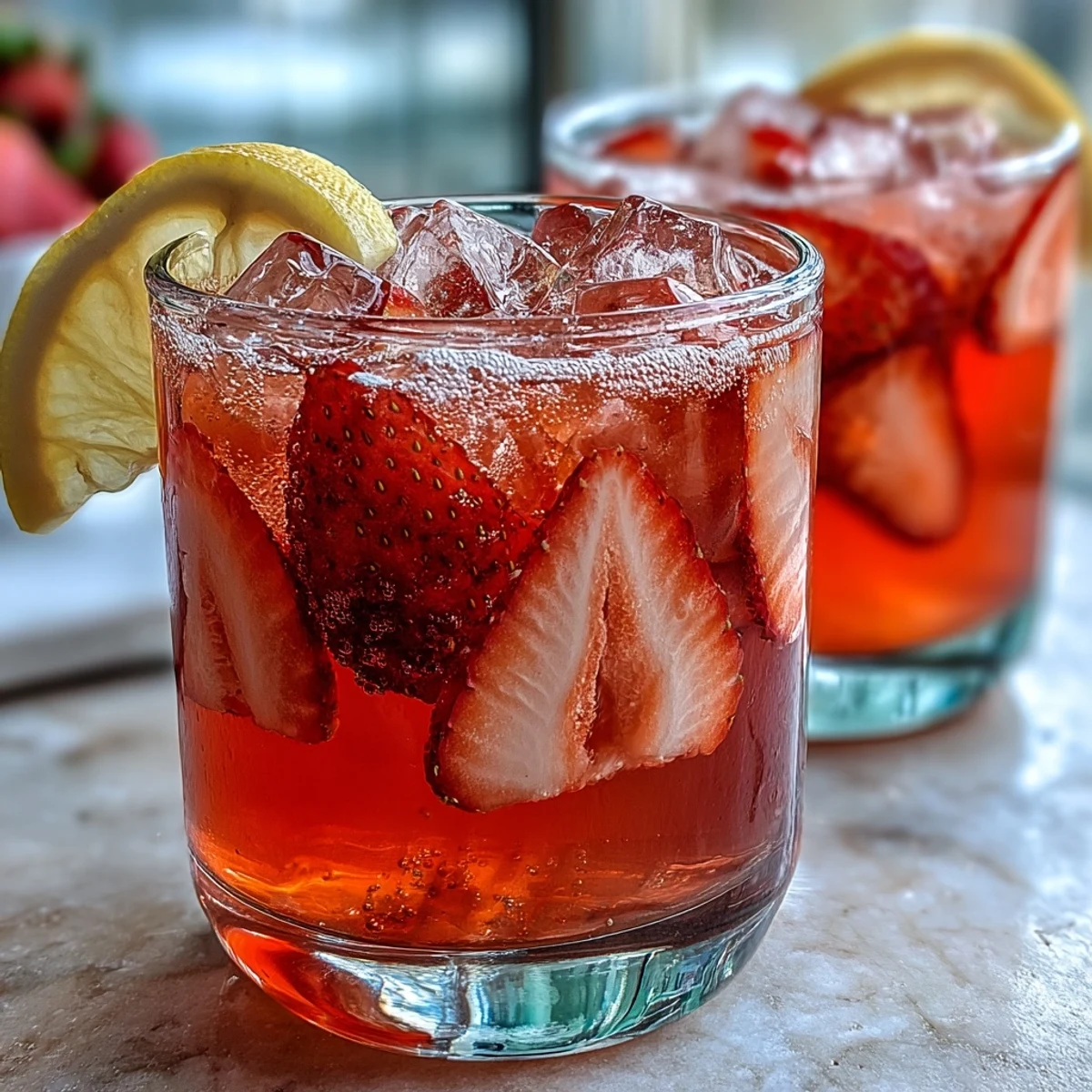 Vibrant strawberry lemonade mocktail with sparkling water, garnished with fresh lemon slices and whole strawberries for a festive summer drink.  