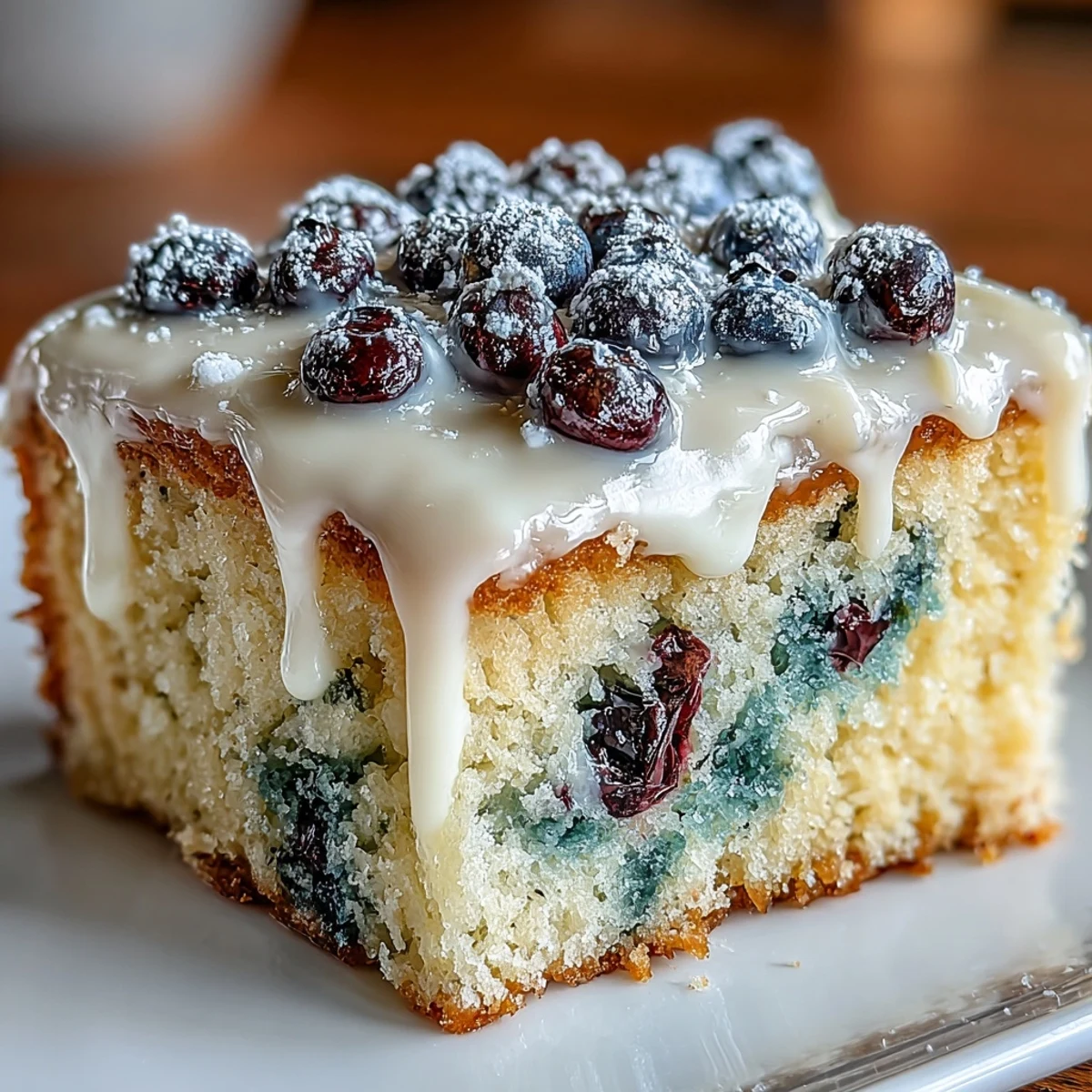 A tender sheet cake with juicy blueberries and bright lemon zest, finished with a tangy lemon glaze.  