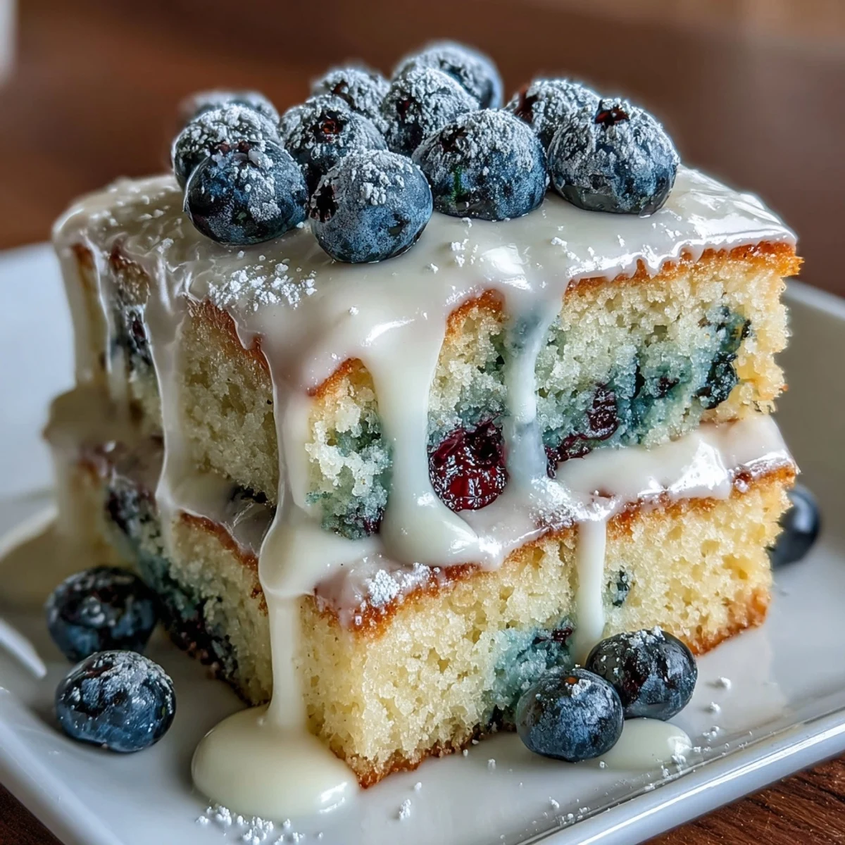 Fresh blueberry and lemon sheet cake with a smooth, citrusy glaze, ideal for festive celebrations.