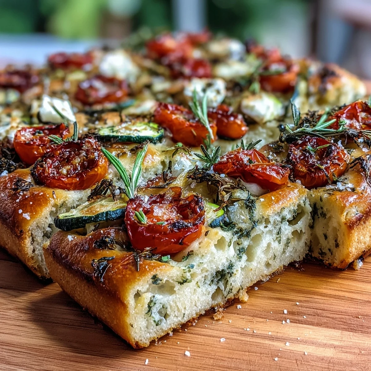 A beautifully decorated focaccia bread with vibrant flower-shaped vegetables and fresh herbs, perfect for baby showers or spring gatherings.