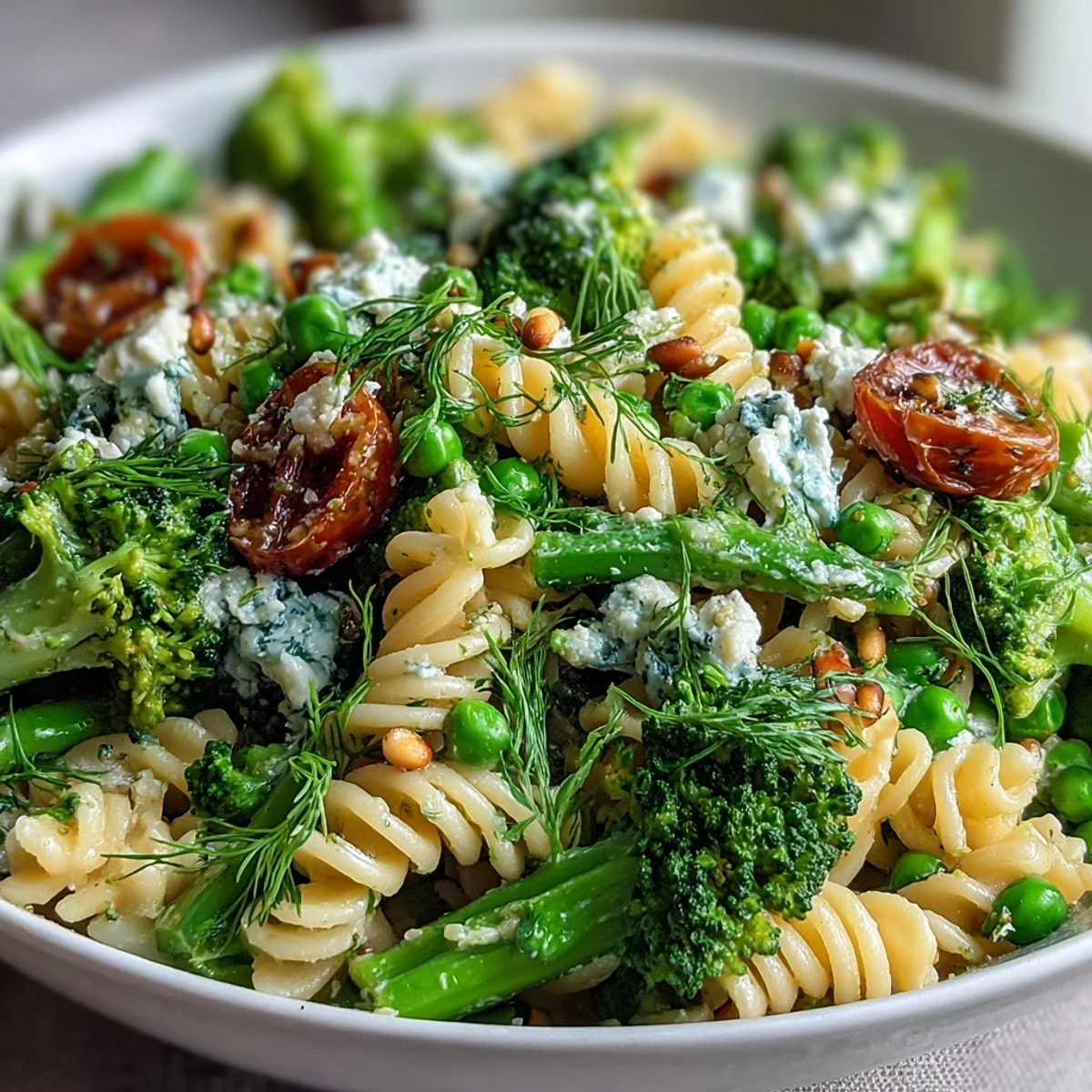 Fresh spring pasta salad with broccoli and peas, tossed in zesty lemon-herb dressing and garnished with feta and pine nuts.  