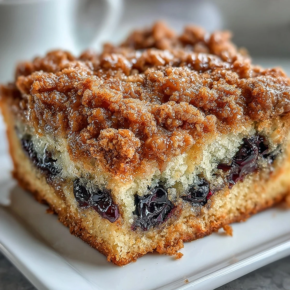 Fluffy lemon blueberry sourdough coffee cake squares topped with cinnamon streusel, perfect for a cozy breakfast.