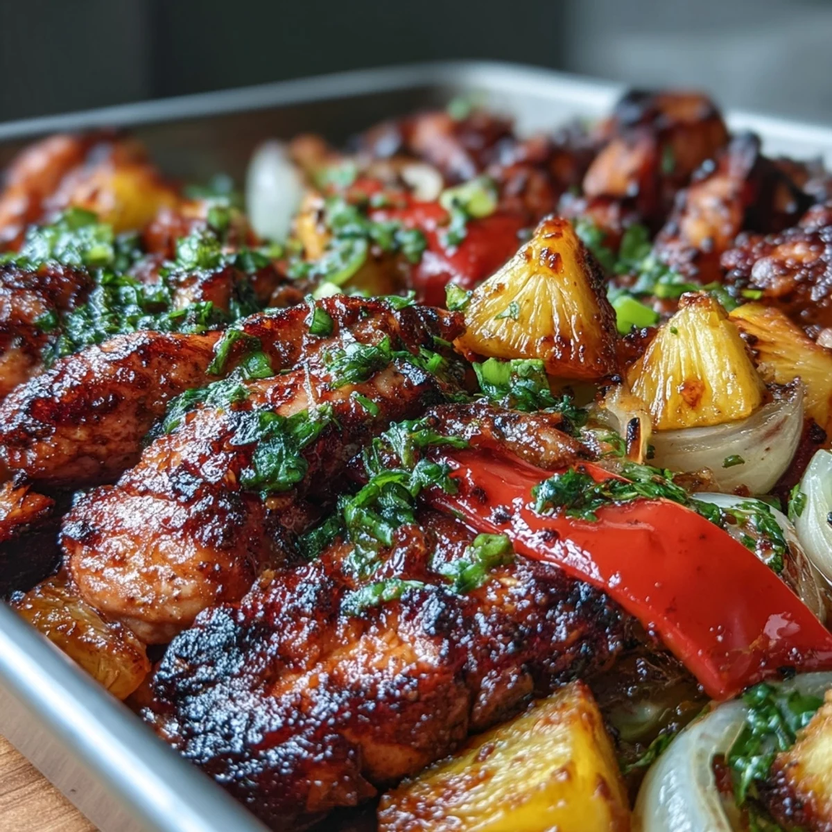 Chicken Pineapple Sheet Pan Fajitas with Bell Peppers - tender chicken, sweet pineapple, and vibrant bell peppers roasted together for a tangy Tex-Mex meal.