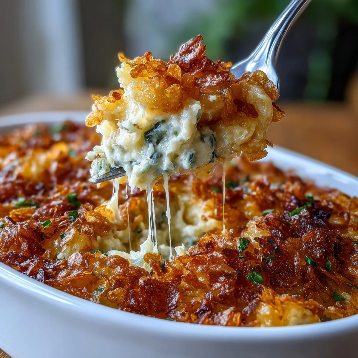 Crispy cornflake-topped funeral potatoes loaded with jalapeño heat, creamy sauce, and melted sharp cheddar.