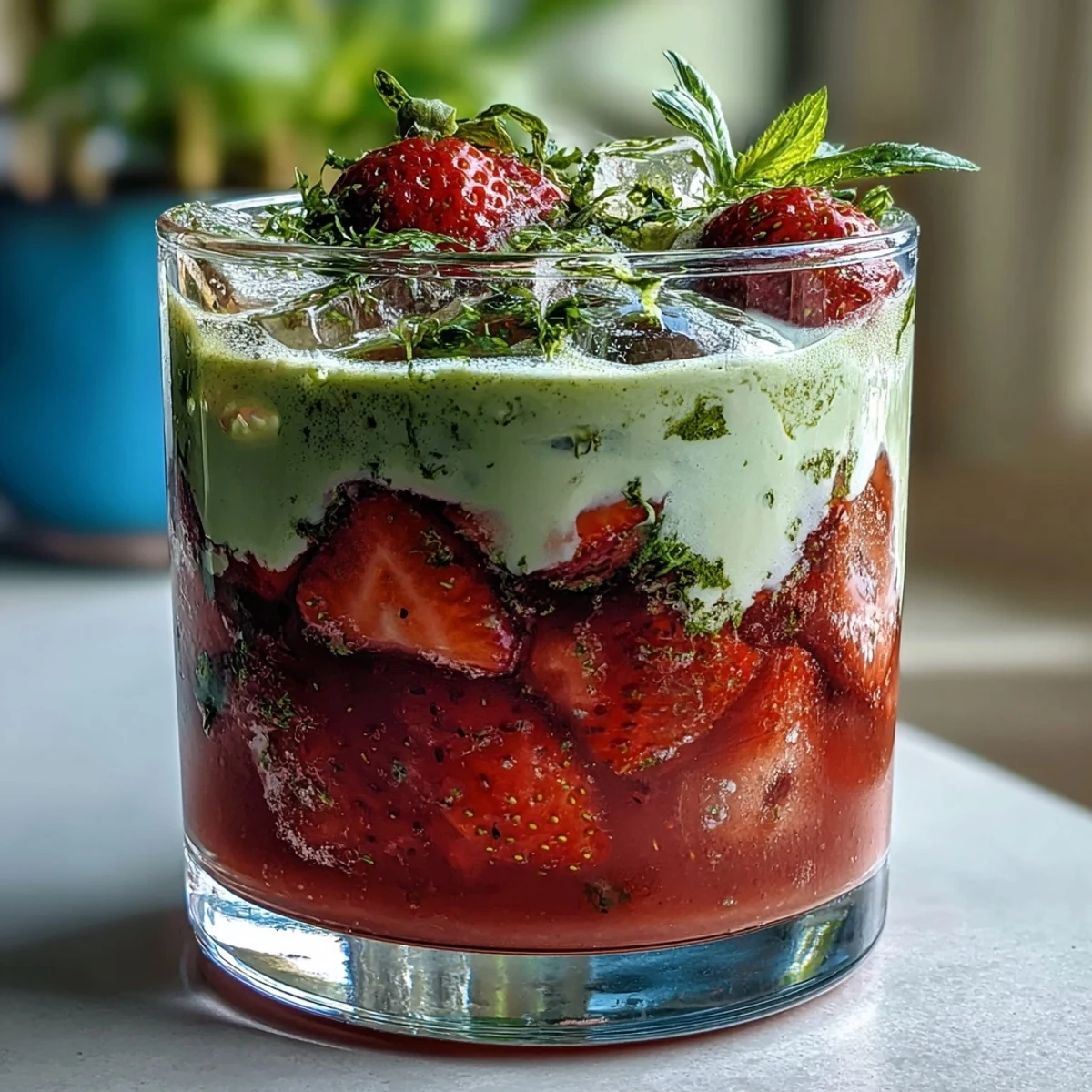 A colorful iced latte with vibrant strawberry puree, matcha green tea, and creamy vanilla sweet cream over ice cubes.