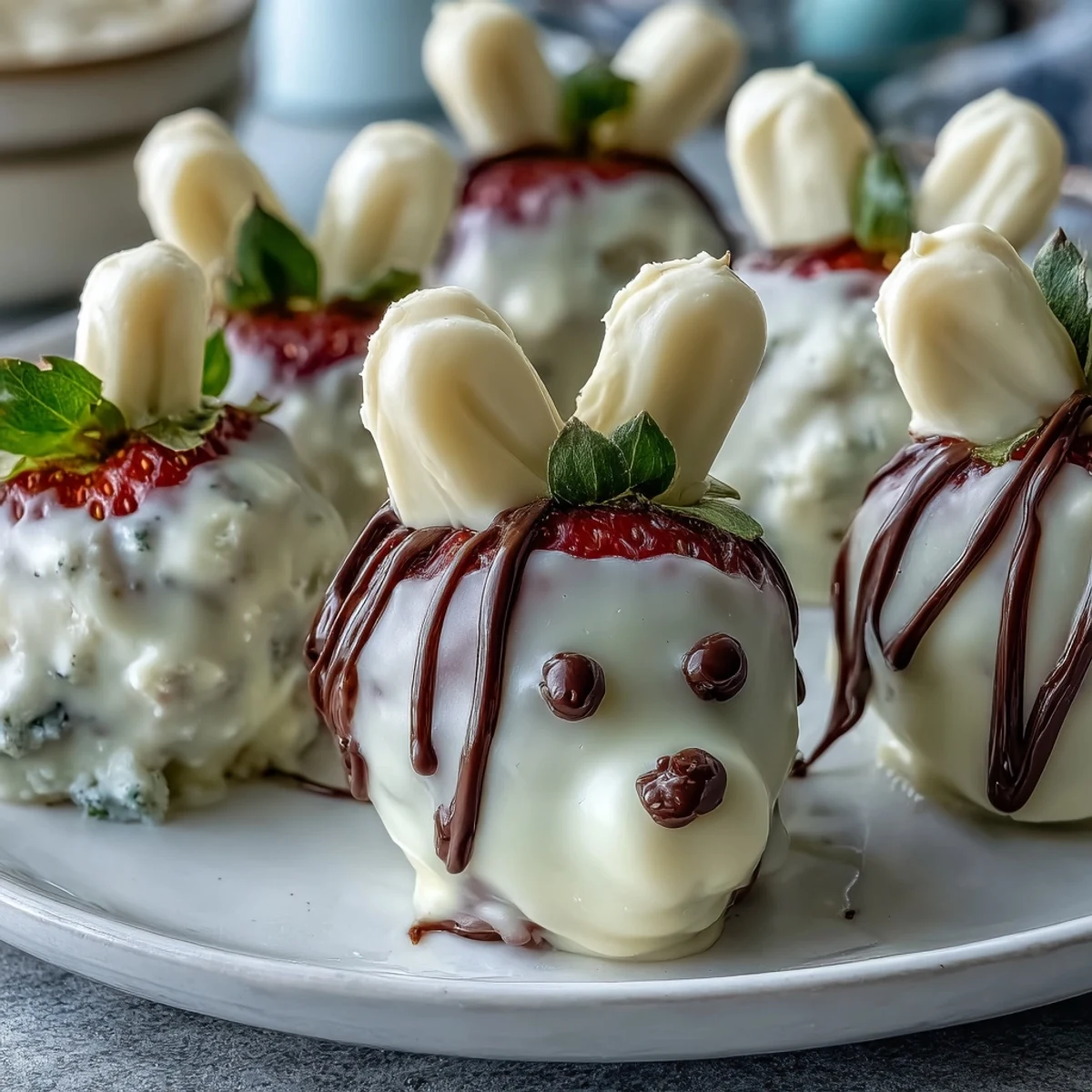Adorable Easter strawberry bunnies dipped in creamy white chocolate and decorated with marshmallow ears and candy eyes.