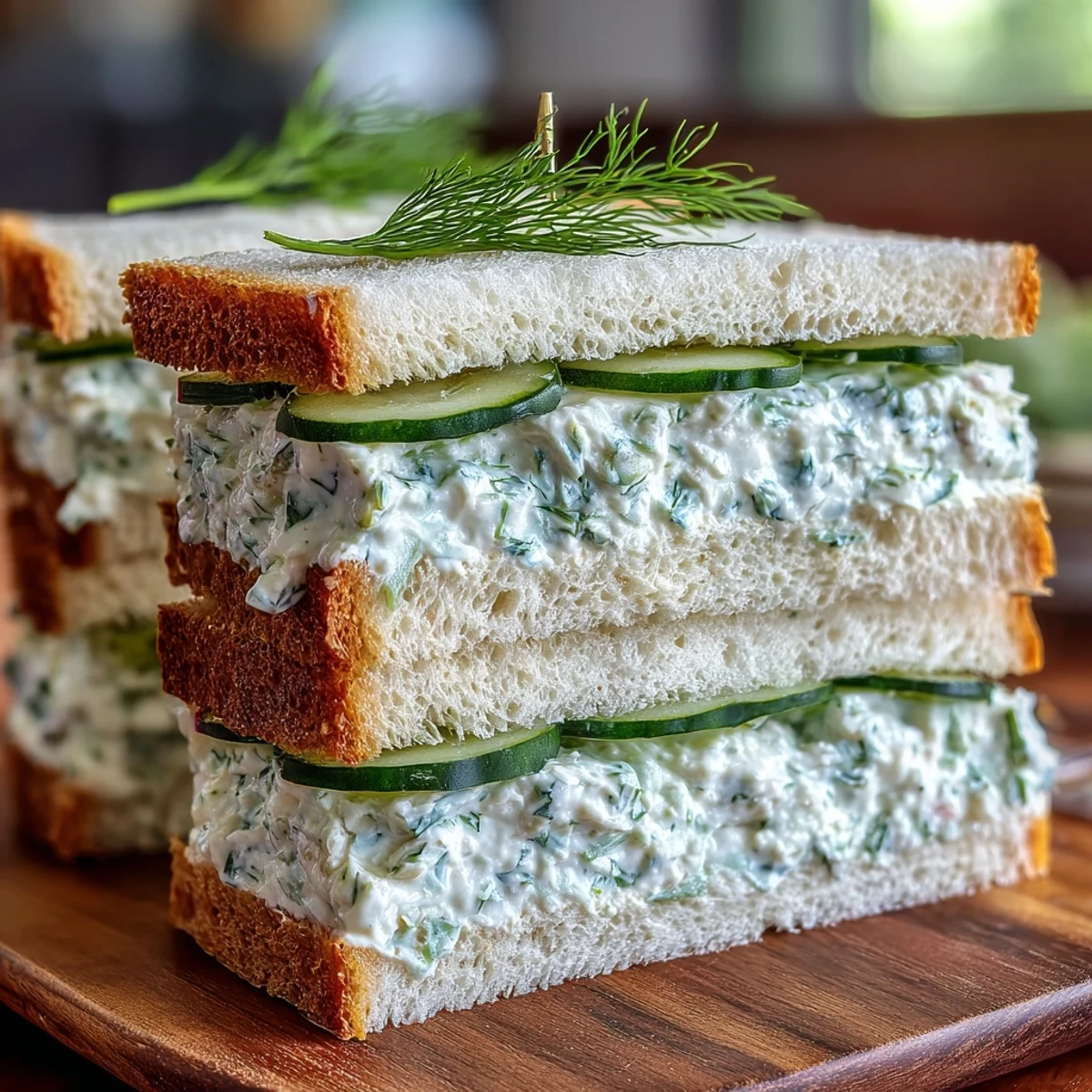 Delicate Benedictine spread tea sandwiches with a hint of lemon, served chilled and cut into traditional finger shapes.