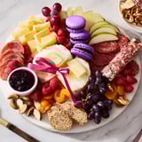 Elegant, artfully arranged Charcuterie Board with Ube Macarons glistening, perfect for a festive appetizer.