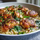 Wilted spinach and chopped parsley garnish this cozy one-pot creamy garlic parmesan chicken orzo skillet meal.