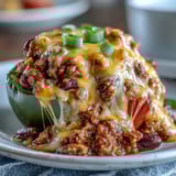 The bell pepper cups are filled with hearty chili mac, topped with fresh cilantro.