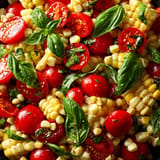 A salad of corn and tomatoes with basil.